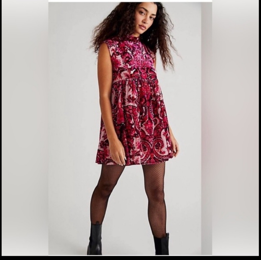 Free people all the time dark pink velvet mockneck mini babydoll dress size S